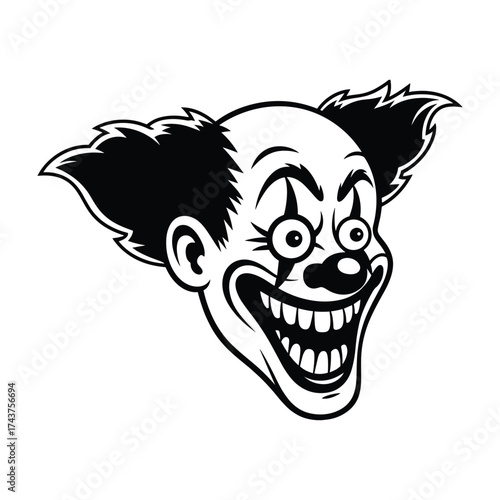 Black and white illustration of a creepy clown head with wild hair and a wide grin scary horror