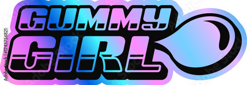 Gummy girl hologram retro Y2K sticker or symbol. Reflective holographic Y2K vintage label, glossy iridescent vector tag. Metallic color hologram sticker with chewing gum bubble and typography