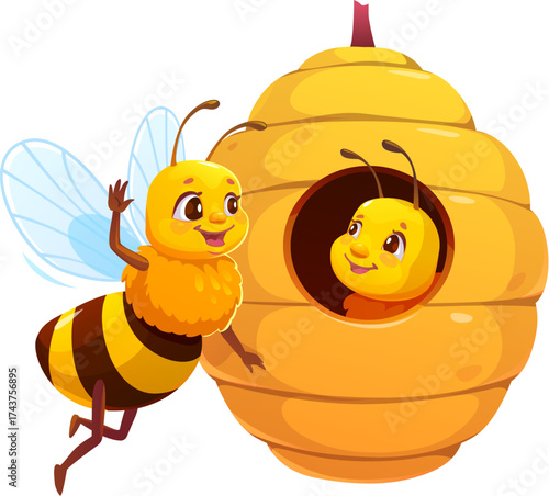 Cartoon honey bees interacting near hive. Friendly vector bee character flying, greeting another bee looking out from beehive, depicts sweet apiary life, community spirit, friendship and beekeeping