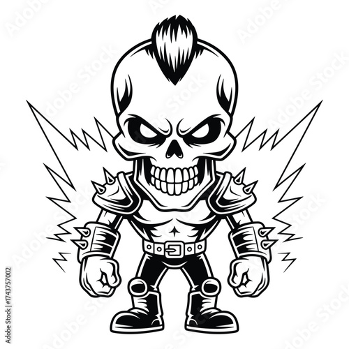 Black and white illustration of a punk rock skeleton warrior with a mohawk and spiked armor skull