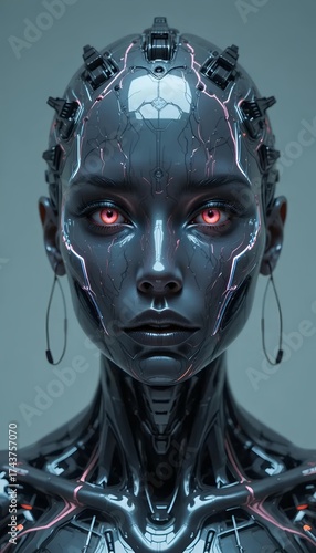 A stunning futuristic portrait of a cyborg featuring a glossy black skin texture with intricate glowing red circuits and advanced mechanical components.
