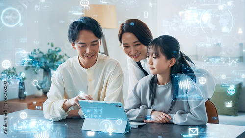 Obraz na płótnie DX、デジタル、テクノロジー、家族、ファミリー、親子、教育、家庭、タブレット、未来、データ、スマートホーム、スマートハウス、サイバー、技術、科学、クラウド、AI、人工知能、CX、カスタマーエクスペリエンス、インターフェース、パパ、ママ、女の子、子供、トランスフォーメーション、IT、GUI、子育て、学習、eラーニング、勉強、受験、小学生、リサーチ、検索、コンピュータ、ネットワーク、インターネット、オ