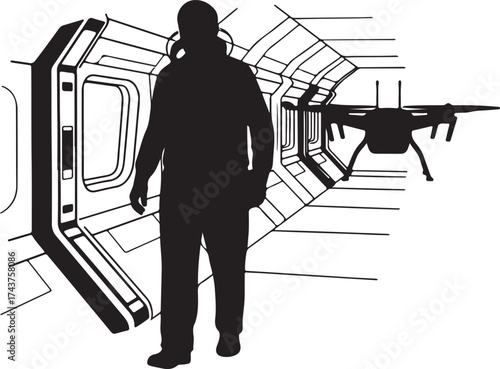 Silhouette of a lone astronaut standing in a futuristic spaceship corridor with a drone hovering nearby
