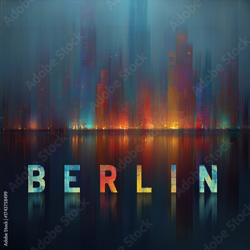 Colorful abstract skyline of berlin with illuminated letters reflected in water