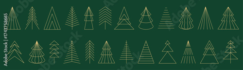 Christmas tree set, minimalist geometric icon, line elements