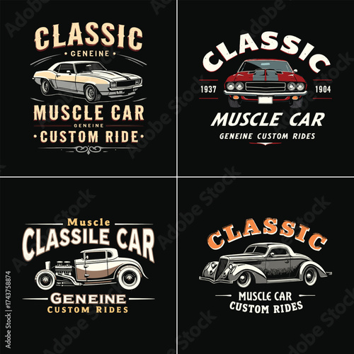 Vintage classic muscle car illustration with retro typography for genuine custom ride autoshow t shirt design