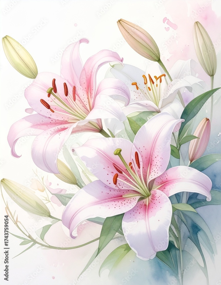 Fototapeta premium Zarter Aquarell-Hintergrund mit weißen und rosafarbenen Lilien