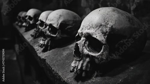 Eerie display of human skulls abandoned dungeon dark visual art foreboding atmosphere close-up mortality reflection
