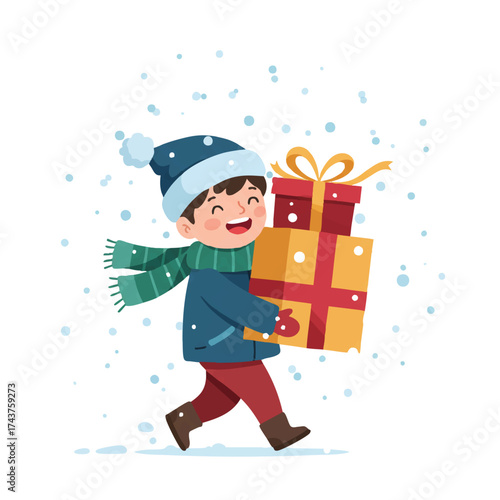 A cheerful little child wearing a cozy winter hat and scarf is happily walking through a light snowfall, carrying a large wrapped Christmas gift box in a vibrant 2D flat vector illustration.