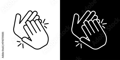 Minimalist line icon of two hands clapping representing applause appreciation encouragement and recognition shown in black and white versions