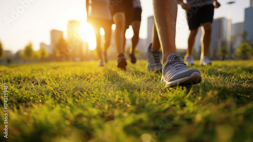 Low angle view of a group of people walking on a grassy field during a sunny day in the city park