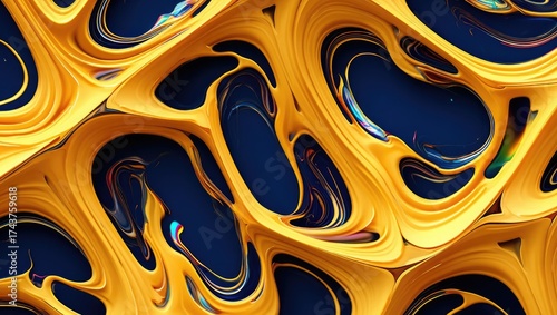 Abstract liquid shapes in gold and deep blue swirling together in a smooth dynamic composition. Generative AI.
