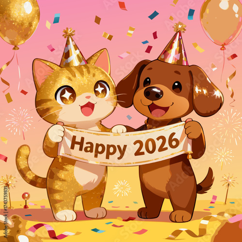 Happy New Year 2026 Celebration with Adorable Cat and Dog Holding a Banner with Fireworks and Confetti