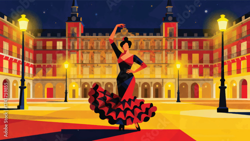 Illustration Of Plaza Mayor With Flamenco Dancers, Yellow Street Lights And Night Atmosphere Vector Design Template