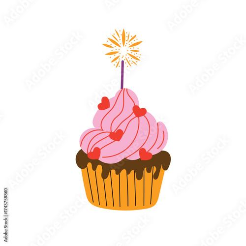 Delicious pink cupcake with cream, chocolate base, hearts, and sparkler. Cute festive dessert for birthday or holiday.