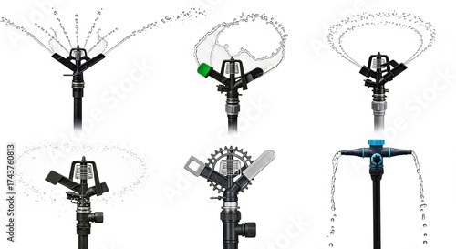 Sprinkler Heads Spraying Water, Isolated on White Background Garden Irrigation Equipment and Sprinkling Systems for Lawn Care