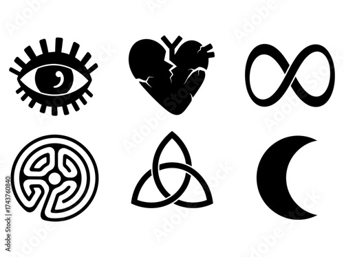 Collection of Esoteric Symbols Eye, Heart, Infinity, Labyrinth, Trinity, Moon, Icons
