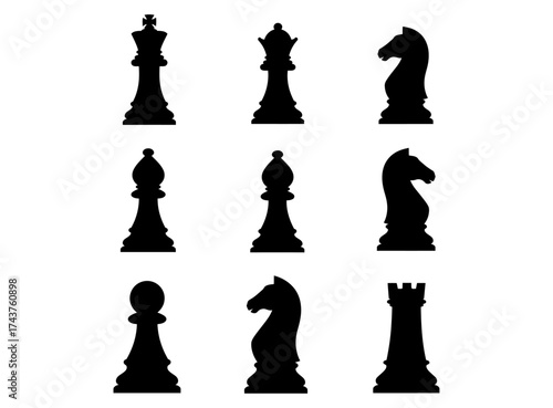 Set of black chess pieces silhouetted against a white background, perfect for strategic game concepts