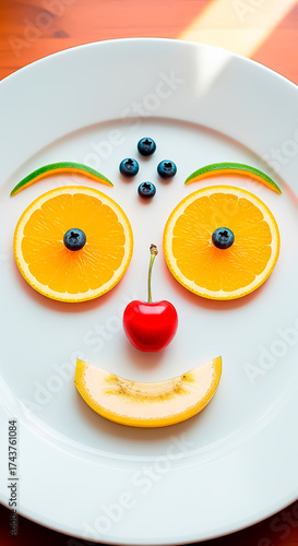 Creative breakfast plate designed like a smiling face with eggs and fruits spreading morning cheer and fun imagination