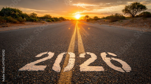 Wallpaper Mural Year 2026 concept on an empty asphalt road. hopeful journey to future and new beginning with path forward toward sunset light Torontodigital.ca