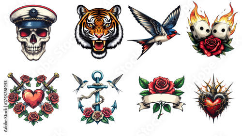 Eclectic Tattoo Art Set A Vintage Collection of Skull, Tiger, Roses, and Classic Designs in SVG Format