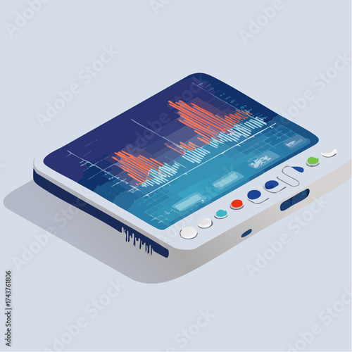 Isometric view of a futuristic digital device displaying a financial stock market graph with fluctuating red and blue bars.