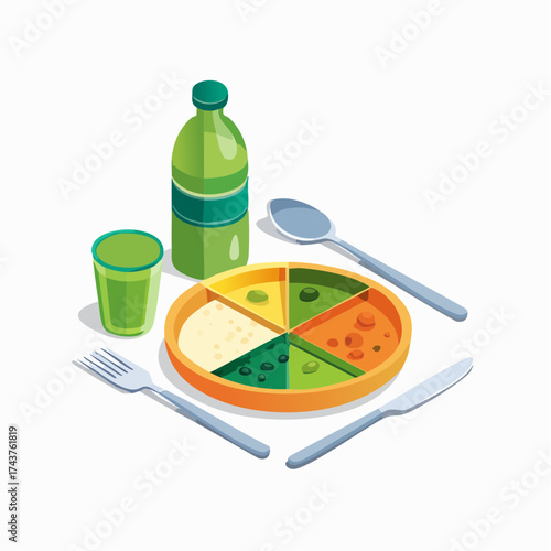 Isometric illustration of a balanced meal with drink and utensils.