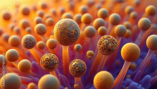 Microscopic view of spherical spores in warm orange light with fine surface textures. Generative AI.