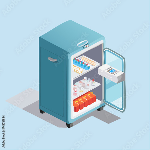 Isometric illustration of an open portable medical refrigerator on wheels, stocked with medicines and vaccines.