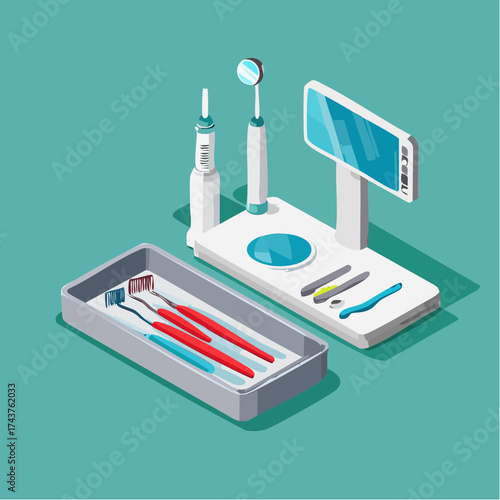 Isometric illustration of modern dental tools and equipment, including a tray of instruments and a stand with a monitor.