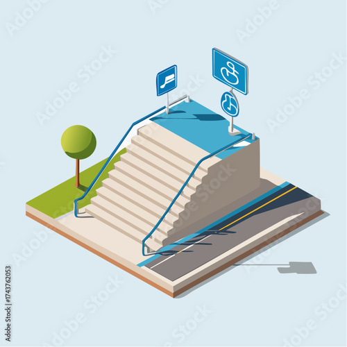 Isometric illustration of a pedestrian overpass with stairs, signs, and a road.