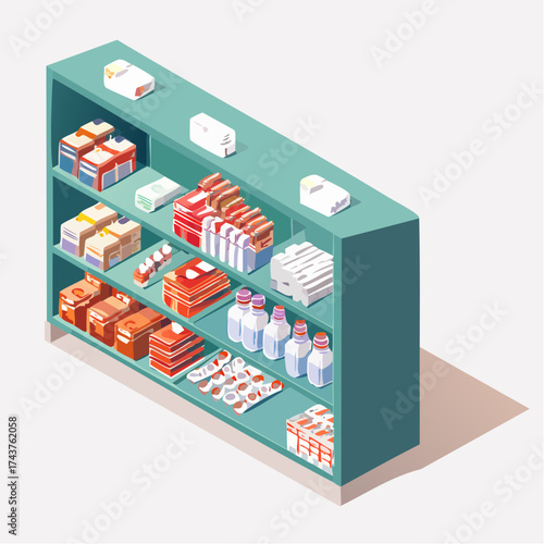 Isometric illustration of a shelf stocked with various products.