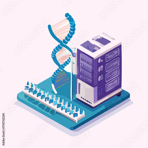 Isometric illustration of a DNA double helix with a server rack, representing data processing.
