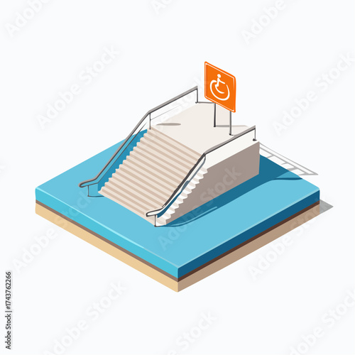 Isometric illustration of stairs with handicap sign on a blue platform.
