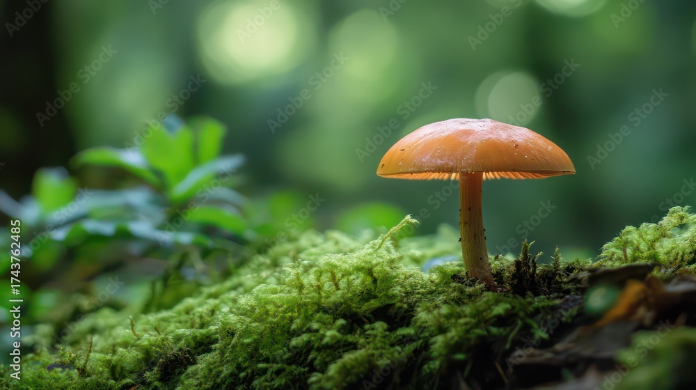 Fototapeta premium Mushroom growth forest floor nature photography lush environment close-up view fungi life cycle