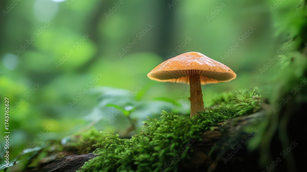 Fototapeta premium Mushroom growth in enchanted forest nature photography tranquil environment close-up view fungal diversity