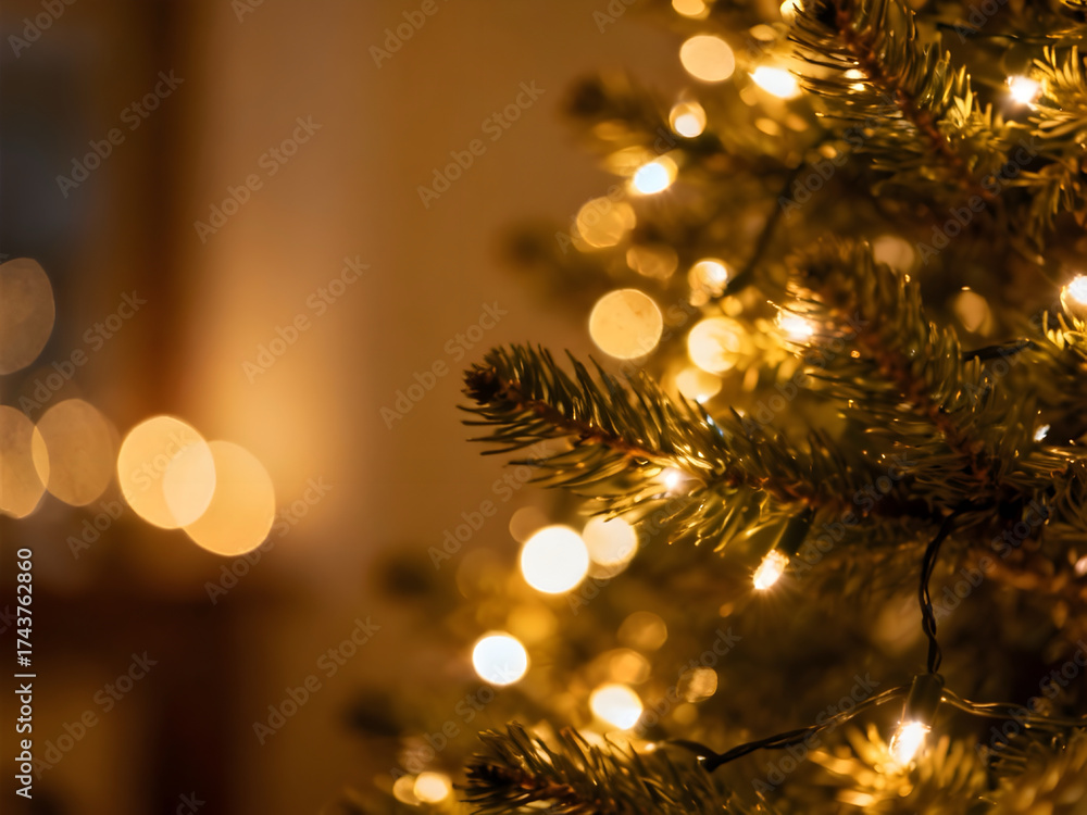Fototapeta premium Golden Christmas lights on a Christmas tree with some bokeh effect on a background