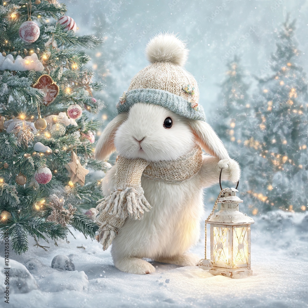 Obraz premium Cute winter rabbit in hat and scarf holding lantern near Christmas tree in snowy forest night