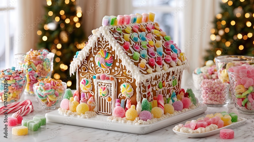 Naklejka premium Colorful gingerbread house decorated with icing and candies on festive table with christmas tree lights