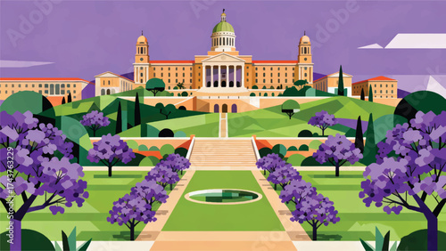 Illustration Of Pretoria, The Majestic Union Buildings On A Hill With A Large Garden With Jacaranda Flowers Vector Design Template