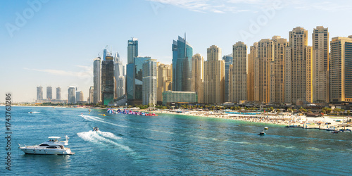 Beautiful view, Panorama of the beach at Jumeirah Beach Residence, Dubai, UAE.