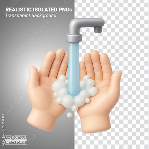 Hand Washing With Soap Under Running Water 3D Icon Transparent PNG file ready to be used.