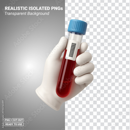 Gloved Hand Holding Blood Test Tube With Barcode Transparent PNG file ready to be used.
