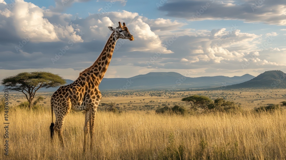 Fototapeta premium Giraffe observing the savannah landscape serengeti national park wildlife photography natural environment side view animal majesty
