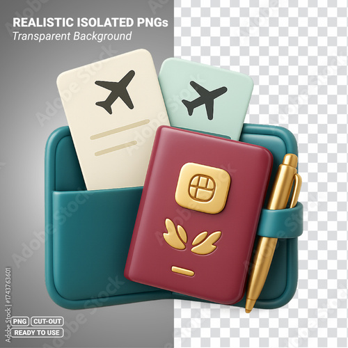 Passport With Boarding Passes In Travel Wallet 3D Icon Transparent PNG file ready to be used.