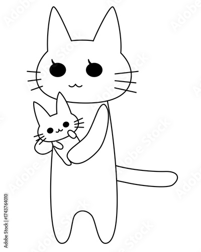 子猫を優しく抱く猫キャラクターのかわいいベクターイラスト。親子や子育て、家族愛、保育、子守、教育、ペットライフなどをテーマにした癒しのデザイン素材