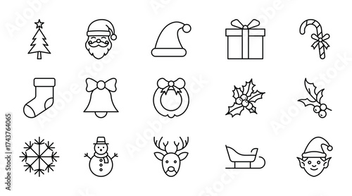christmas outline icon set santa tree gift snowman bell and sleigh vector design