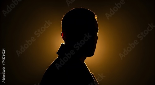 Profile silhouette of a man's head and shoulders against a bright, warm backlight.