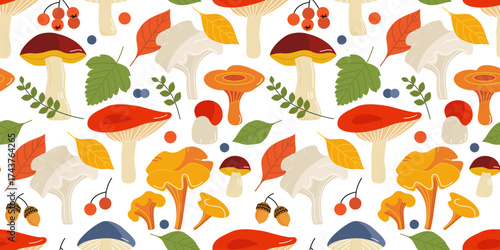 seamless pattern of wild mushrooms and autumn leaves. flat drawing with linear elements, bright color. stock vector illustration. EPS 10.
