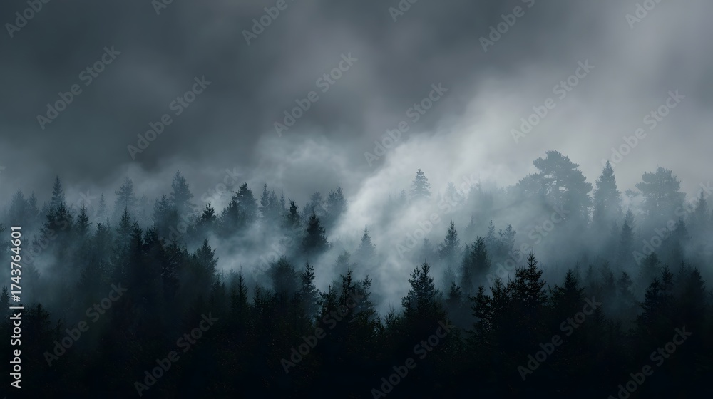 Fototapeta premium Dense dark evergreen forest shrouded in thick mist under a moody overcast sky creating a mysterious and atmospheric natural landscape